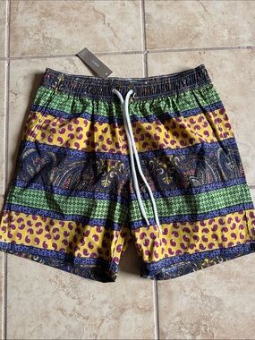 J Crew Men's Multicolored Paisley Print Stripe Mesh Lined Swim Trunks NWT Small